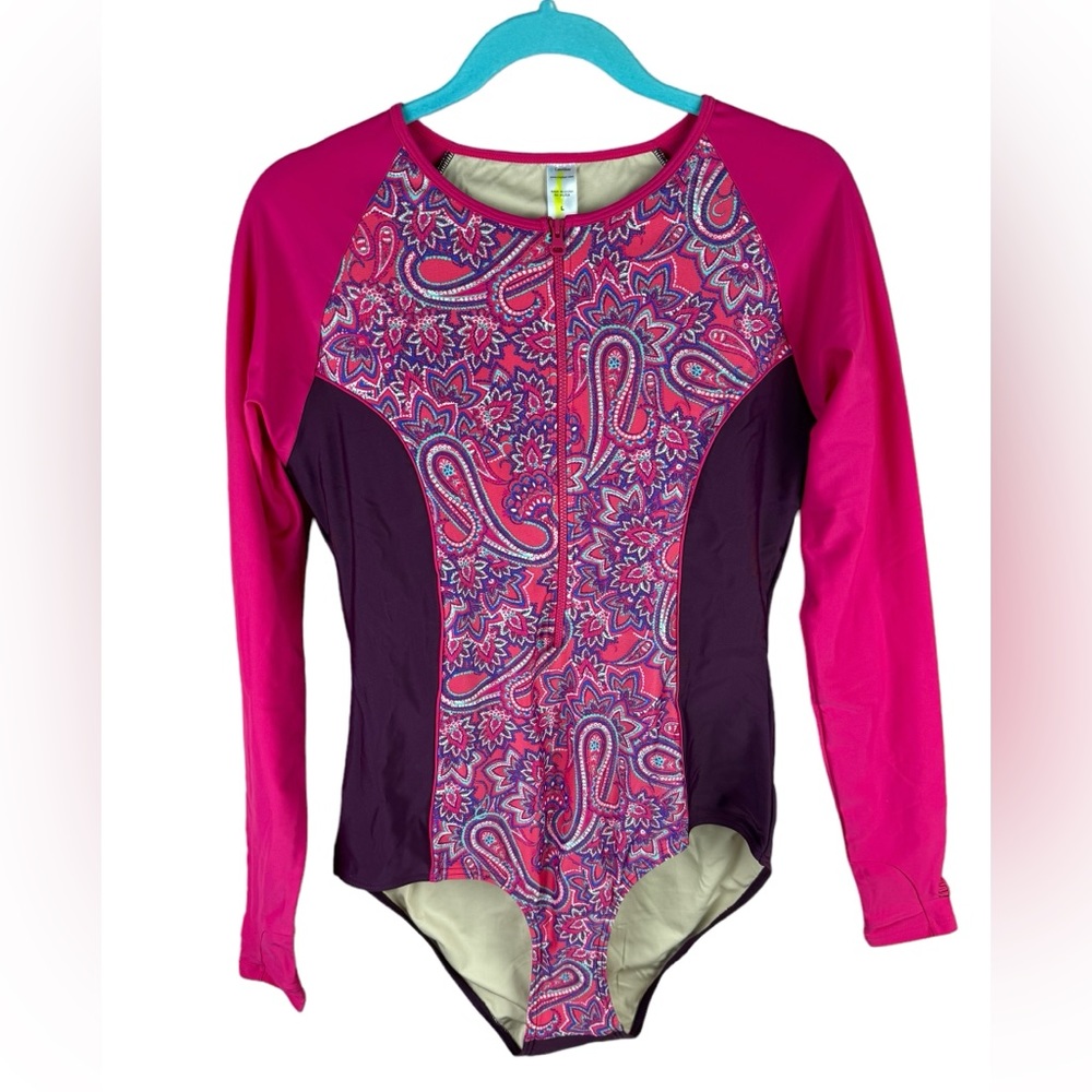 Coolibar women’s pink Escalante Long Sleeve zip front Swimsuit Surf UPF 50+ L